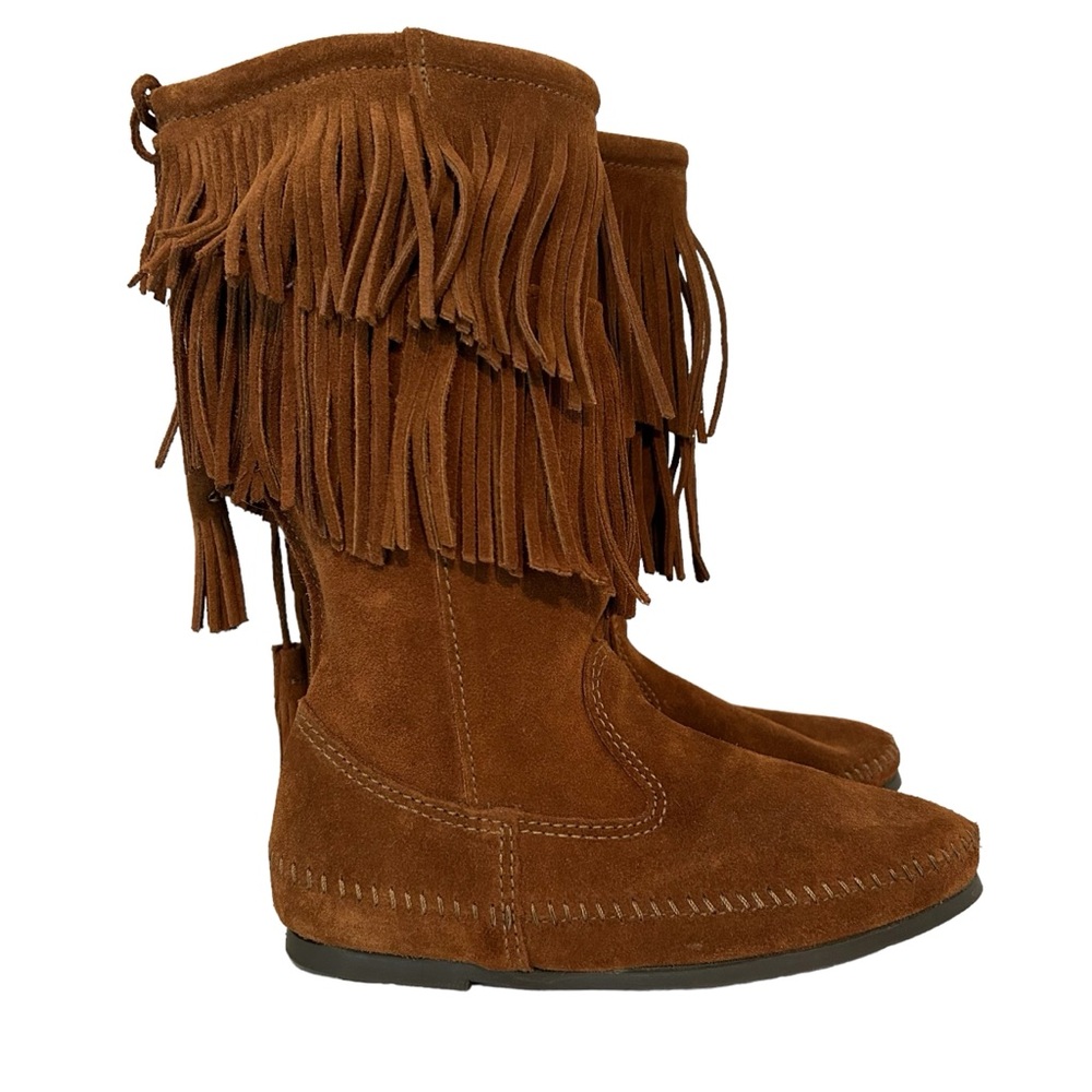 Minnetonka Boots Fringe Side Zip Moc Boots Suede Flats